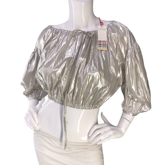Ciao Lucia Top Womens XS Octavia Foiled Satin Silver Cropped Puff Sleeve Peasant - Picture 1 of 15